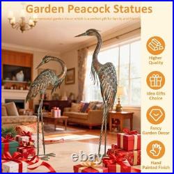 Pair of Standing Garden Crane Statues, Metal Patina