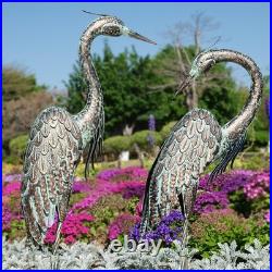 Pair of Standing Garden Crane Statues, Metal Patina