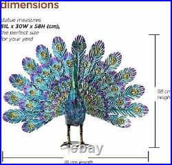 Peacock Garden Decor Statue Metal Outdoor Large Patio Sculpture Blue Porch Yard