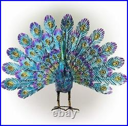 Peacock Garden Decor Statue Metal Outdoor Large Patio Sculpture Blue Porch Yard