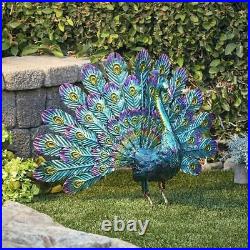 Peacock Garden Decor Statue Metal Outdoor Large Patio Sculpture Blue Porch Yard