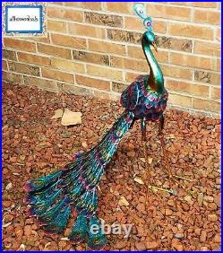 Peacock Garden Sculpture Outdoor Décor Bird Figurine Metal Glossy Yard Lawn Art