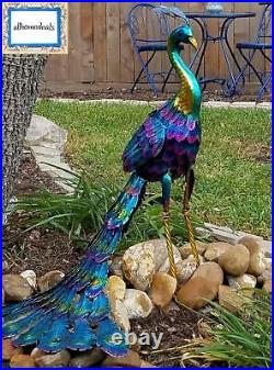 Peacock Garden Sculpture Outdoor Décor Bird Figurine Metal Glossy Yard Lawn Art