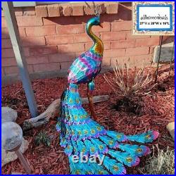 Peacock Garden Sculpture Outdoor Décor Bird Figurine Metal Glossy Yard Lawn Art