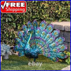 Peacock Garden Statue Decor Metal Outdoor Large Patio Sculpture Blue Porch Yard