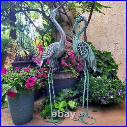 Pierced Metal Garden Crane Pair Statue Heron Coastal Bird Sculpture Yard Art