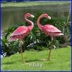 Pink Flamingo Garden Statues Metal Yard Art Decor (Set of 2)