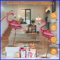 Pink Flamingo Garden Statues Metal Yard Art Decor (Set of 2)