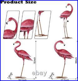 Pink Flamingo Garden Statues Metal Yard Art Decor (Set of 2)