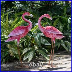 Pink Flamingo Garden Statues Metal Yard Art Decor (Set of 2)
