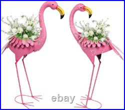 Pink Flamingo Garden Statues with Planter Set of 2 Metal Yard Decor for Outdoor