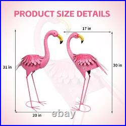 Pink Flamingo Garden Statues with Planter Set of 2 Metal Yard Decor for Outdoor