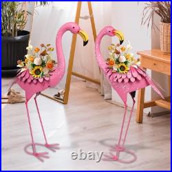 Pink Flamingo Garden Statues with Planter Set of 2 Metal Yard Decor for Outdoor