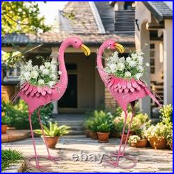 Pink Flamingo Garden Statues with Planter Set of 2 Metal Yard Decor for Outdoor