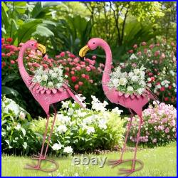 Pink Flamingo Garden Statues with Planter Set of 2 Metal Yard Decor for Outdoor
