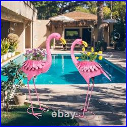 Pink Flamingo Garden Statues with Planter Set of 2 Metal Yard Decor for Outdoor