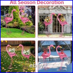 Pink Flamingo Garden Statues with Planter Set of 2 Metal Yard Decor for Outdoor