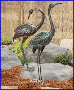 Preening Metal Crane Large Standing Patina Look Garden Decor Yard Art Pond Bird