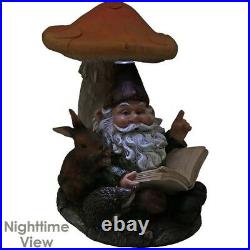 Reading Garden Gnome withSquirrel Sculpture Figurine Solar Whimsical Yard Statue