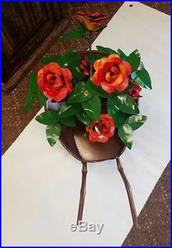 Recycled Metal Garden Yard Folk Art Small Orange Rose Flowers In Wheel Barrow