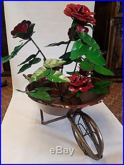 Recycled Metal Garden Yard Folk Art Small Red Rose Flowers In Wheel Barrow