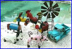 Recycled Metal Yard Art Farm Set Windmill Truck Cow Rooster Pig Goat Donkey