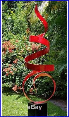 Red Ribboned Metal Garden Sculpture, Swirled Abstract I/O Yard Art Display Decor