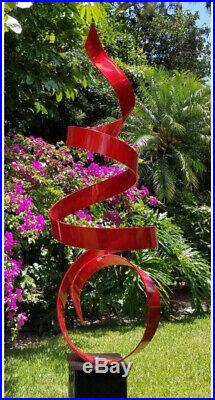Red Ribboned Metal Garden Sculpture, Swirled Abstract I/O Yard Art Display Decor