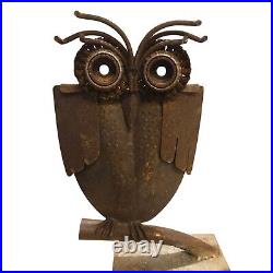 Rustic Metal Owl Sculpture 16 Inch Recycled Materials Yard Art Brutalist Statue