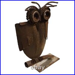 Rustic Metal Owl Sculpture 16 Inch Recycled Materials Yard Art Brutalist Statue