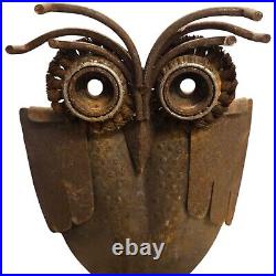 Rustic Metal Owl Sculpture 16 Inch Recycled Materials Yard Art Brutalist Statue