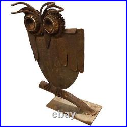 Rustic Metal Owl Sculpture 16 Inch Recycled Materials Yard Art Brutalist Statue