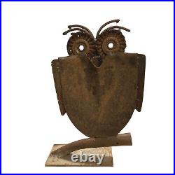 Rustic Metal Owl Sculpture 16 Inch Recycled Materials Yard Art Brutalist Statue