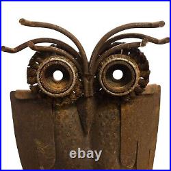 Rustic Metal Owl Sculpture 16 Inch Recycled Materials Yard Art Brutalist Statue