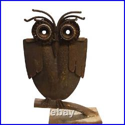 Rustic Metal Owl Sculpture 16 Inch Recycled Materials Yard Art Brutalist Statue