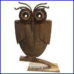 Rustic Metal Owl Sculpture 16 Inch Recycled Materials Yard Art Brutalist Statue