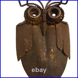 Rustic Metal Owl Sculpture 16 Inch Recycled Materials Yard Art Brutalist Statue