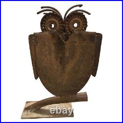 Rustic Metal Owl Sculpture 16 Inch Recycled Materials Yard Art Brutalist Statue