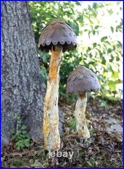 Rustic Mushroom Garden Stake Set Metal Yard Art Statue Sculpture Set Of 2