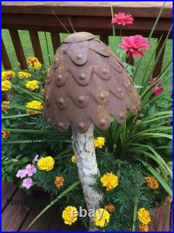 Rustic Mushroom Garden Stake Set Metal Yard Art Statue Sculpture Set Of 2