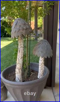 Rustic Mushroom Garden Stake Set Metal Yard Art Statue Sculpture Set Of 2