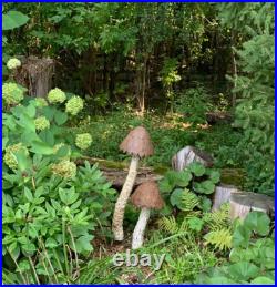 Rustic Mushroom Garden Stake Set Metal Yard Art Statue Sculpture Set Of 2