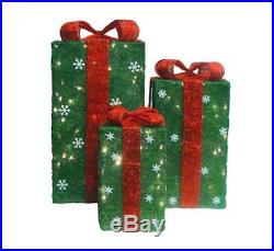 SET OF 3 LIGHTED TALL GIFT BOXES RED GREEN OUTDOOR CHRISTMAS Yard Decor PRE-LIT