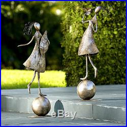 Set 2 Dancing Girls Garden Statues Antique Silver Steel Garden Decor Yard Art