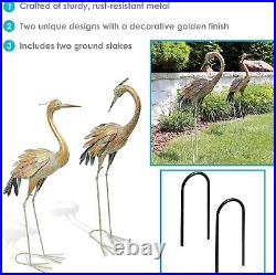 Set 2 Golden Crane Metal Outdoor Garden Statues decor home yard iron sculpture