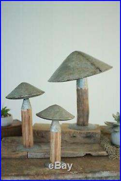 Set / 3 Garden Metal/Wood Outdoor Mushrooms Rustic Yard Art Decor Sculpture