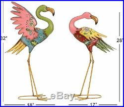 Set Of 2 Colorful Flamingo Statues Metal Garden Yard Sculptures Painted Patterns