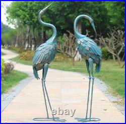 Set Of 2 Metal Cyan Crane Garden Statues Yard Art Sculpture For Patio Lawn Pond