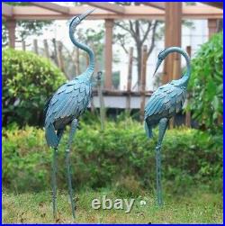 Set Of 2 Metal Cyan Crane Garden Statues Yard Art Sculpture For Patio Lawn Pond