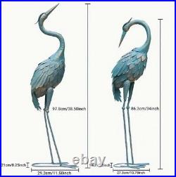 Set Of 2 Metal Cyan Crane Garden Statues Yard Art Sculpture For Patio Lawn Pond